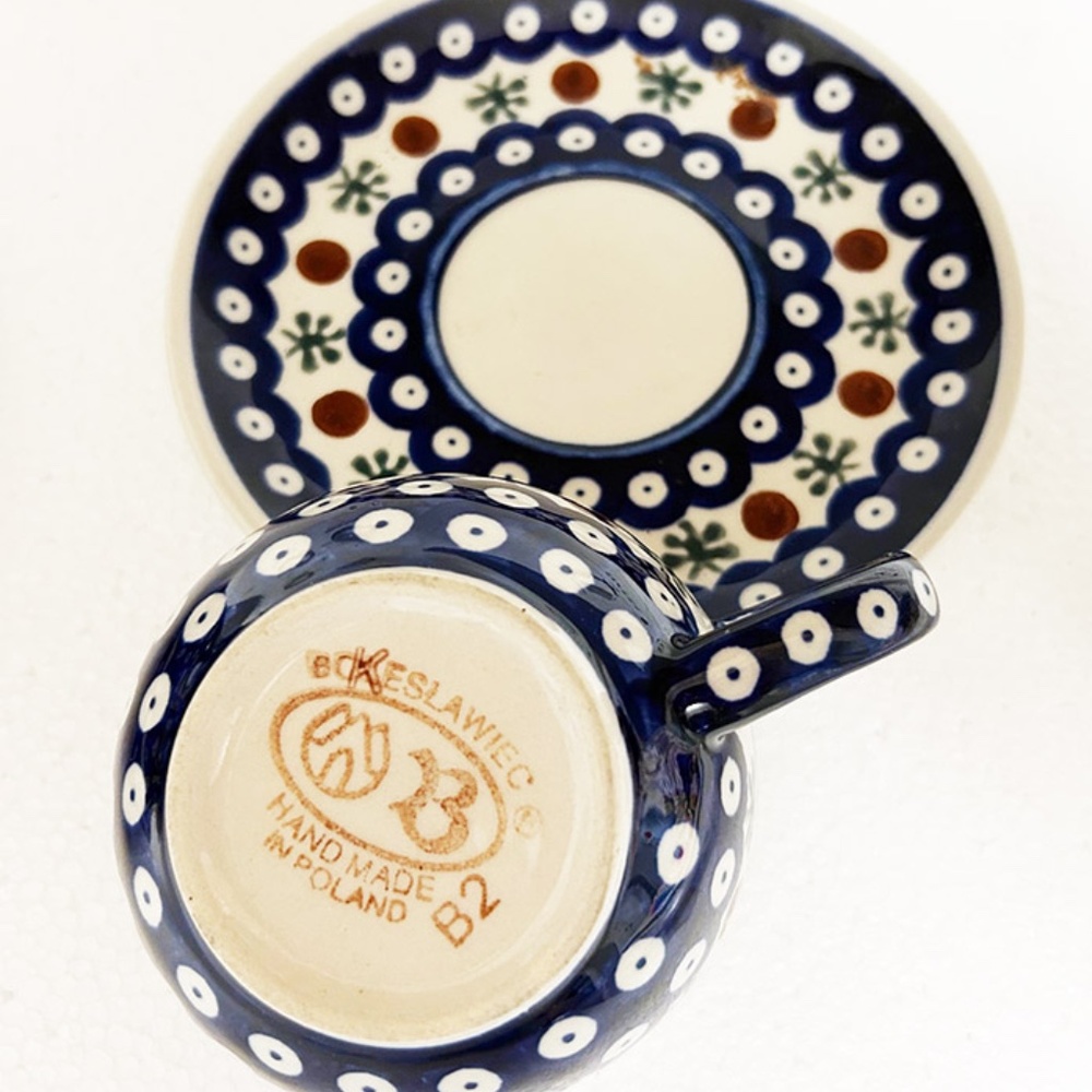 BOLESLAWIEC butter dish and cup and saucer POKE A DOT
